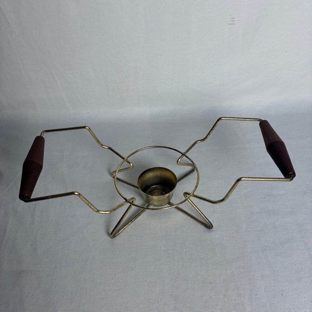 Vintage MCM Brass Wire Casserole Dish Candle Warmer Stand Walnut Handles 13 Inch